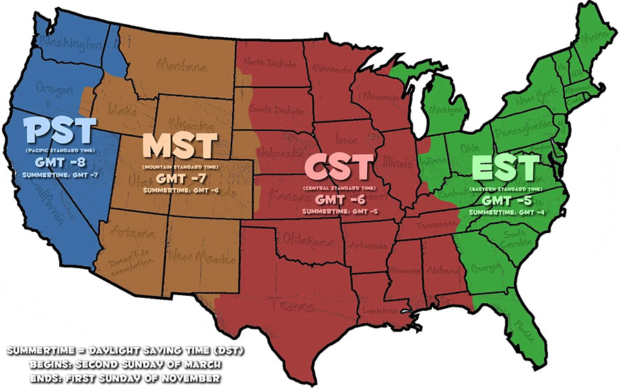 Bản đồ múi giờ của nước Mỹ vào mùa hè và mùa đông