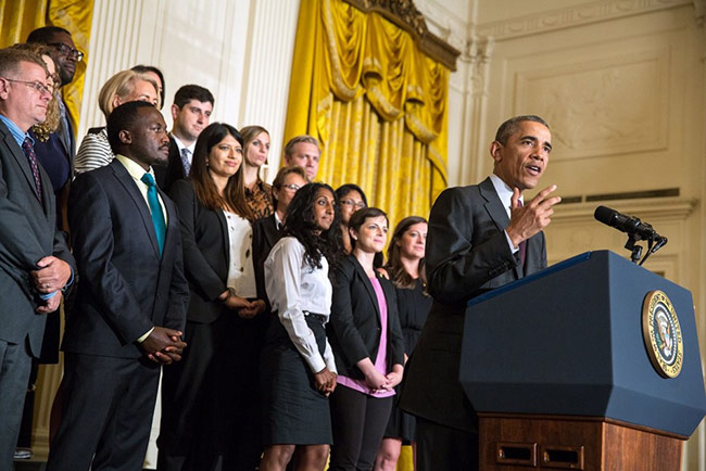 Tổng thống Obama trình bày sáng kiến “visa cho người khởi nghiệp” (startup visa) trong một chuyến làm việc tại Austin, Texas, tháng 8 năm ngoái. Sáng kiến này đã nhiều lần bị Quốc hội Mỹ do đảng Cộng hòa kiểm soát bác bỏ. Ảnh: White House