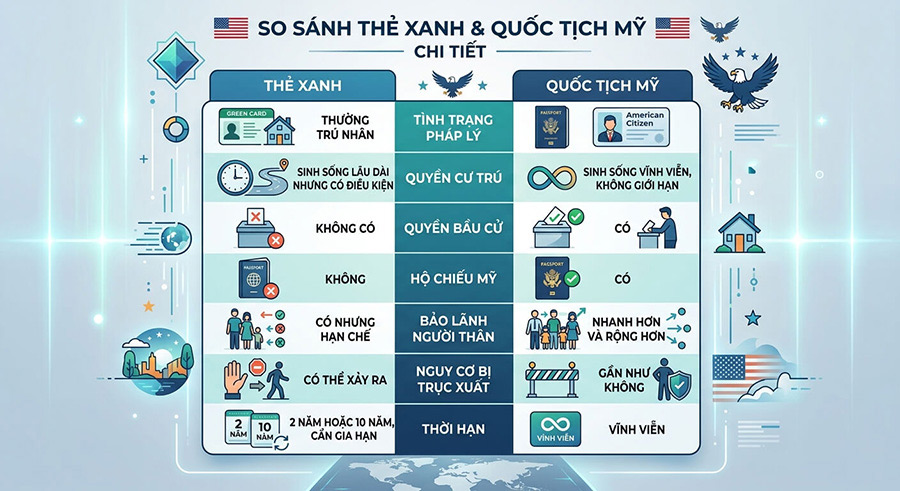 Điểm khác biệt giữa thẻ xanh và quốc tịch Mỹ
